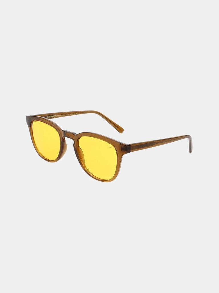 Brune, runde, ovale solbriller med gult, gul glas fra A. Kjærbede 
